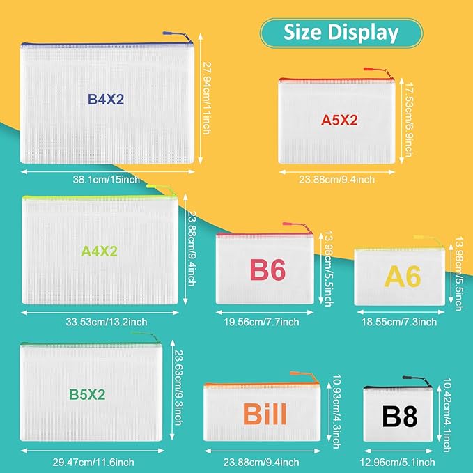 12 Mesh Zipper Pouch Bags - 12 Color, 8 Size Classroom Must-Have Storage Solution for School, Board Games, and Office Supplies