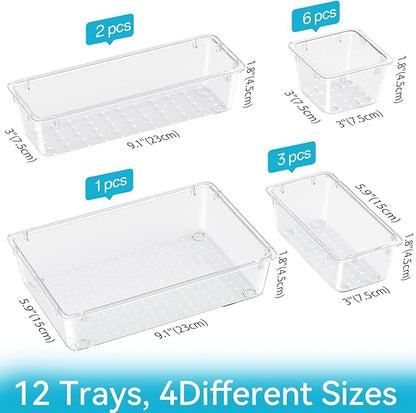 12-Piece Drawer Organizer Set, 4 Sizes Clear Plastic Makeup Vanity Organizer for Makeup, Stationery, Gadgets, Kitchen, Bathroom, Office, Bedroom