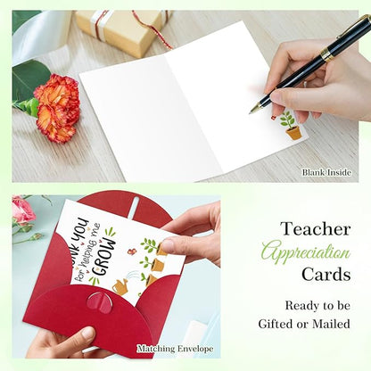 FaCraft Teacher Appreciation Cards, Thank You Cards with Envelopes, 4 x 6, Thank You for Helping Me Grow, for Preschool Kindergarten Teacher Gift Card from Kids Students Daycare (Plant)