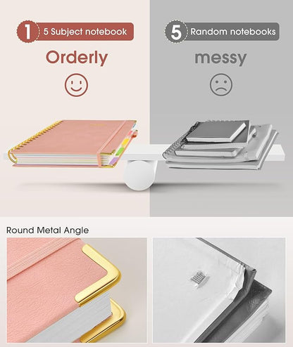 Hardcover Spiral Notebook Journal with Removable Dividers Tabs, 300 Pages Leather 5 Subject Notebook College Ruled, 8"x10" Large B5 Notebooks for Work School Note taking, Lined Journal for Women, Pink