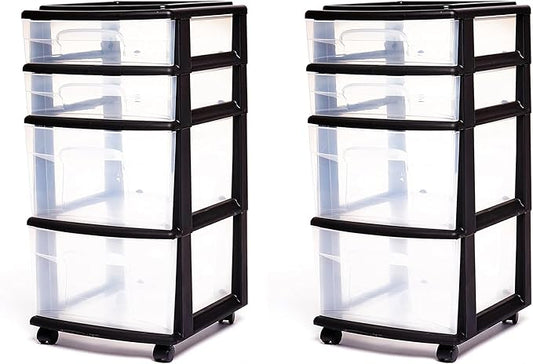 Homz Plastic 4 Clear Drawer Medium Home Organization Storage Container Tower with 2 Large Drawers and 2 Small Drawers, Black Frame (2 Pack)