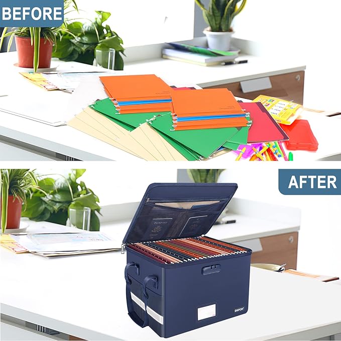 ENGPOW File Box with Lock,Fireproof Document Box with Pockets,Collapsible File Storage Organizer Filing Cabinet with Handle,Portable Home Office Safe for Hanging Letter/Legal Folders,2 Pack(Blue)