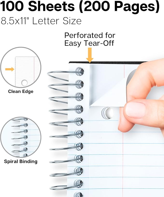 Dunwell College Ruled Spiral Notebook (Black), 1 Subject Notebook 8.5 x 11 for School, Plastic Cover, Pocket Divider, 100 Sheets (200 Pages), 3-Hole Punched Perforated 8 1/2 x 11 Paper
