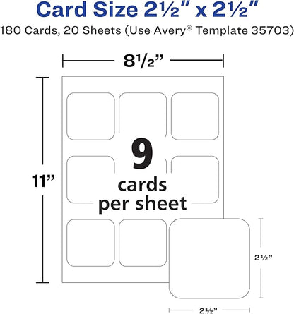 Avery Clean Edge Printable Square Cards with Sure Feed Technology, Rounded Corners, 2.5" x 2.5", White, 180 Blank Cards for Laser Printers (35703)