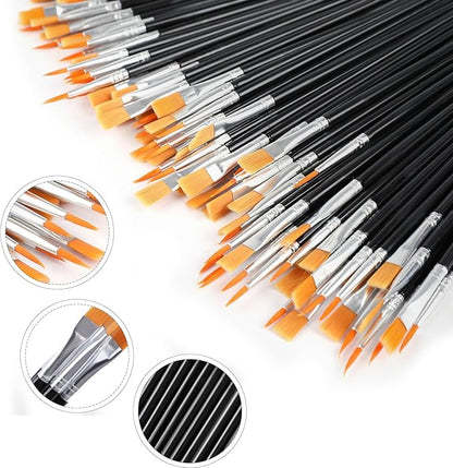 AROIC Small Paint Brushes Bulk,110 Pcs Black Nylon Hair Paint Brushes with Flat and Round Pointed Acrylic Paint Brush Set,Craft Oil Watercolor Face Artist and Kids Painting Kits