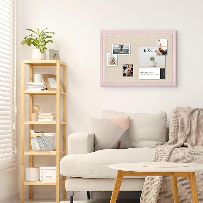Large Cork Board with Linen, 24" x 18" Hanging Pink Wood Framed Bulletin Board, Picture Display Vision Board Corkboards for Wall Room School Office Decor, 10 Pushpins, 1 Pack