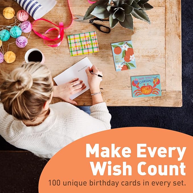 S&O Box of Happy Birthday Cards with Envelopes - 100 Unique Memorable Birthday Cards with Envelopes - Colorful Important Day Notes Bulk for Office & Home - Assorted Occasion Greetings - 4x5.5”