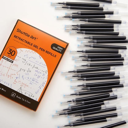 Retractable Gel Pen Refills, Shuttle Art 30 Pack Black Rollerball Gel Ink Pens Refills, Bulk Set, 0.7mm Fine Point for Writing Journaling Taking Notes School Office Home