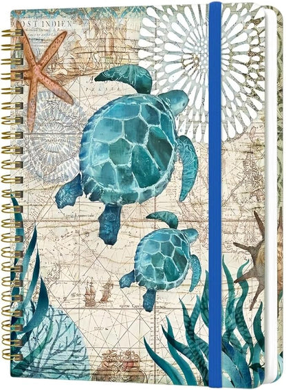 Spiral Notebook - A5 Spiral Notebooks, 8.3'' × 5.8'', 160 Pages, Aesthetic Journaling Notebooks for Women, College Lined Notebook with Elastic Closure, Back Pocket, for School Office, Two Turtle