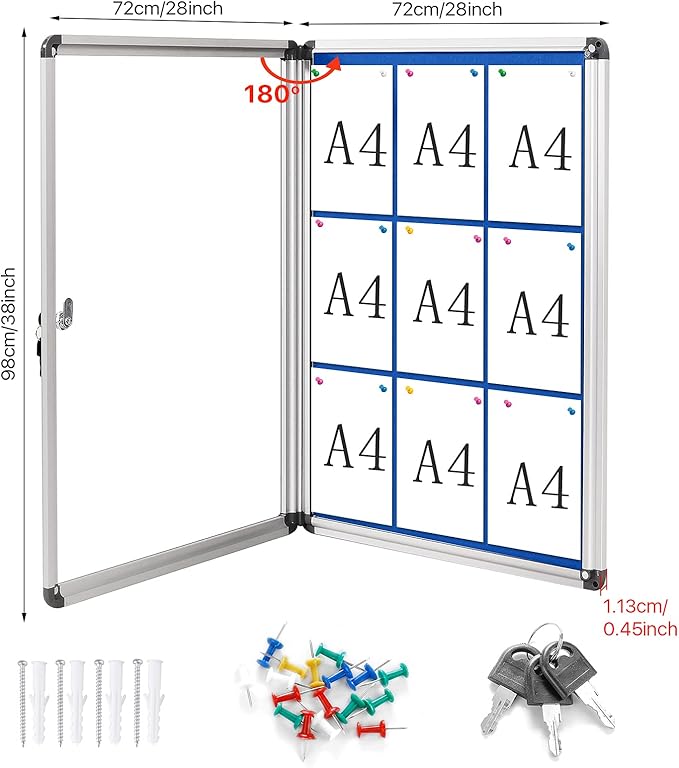 SWANCROWN Pins Bulletin Board Enclosed Wall-Mounted Secure Display Board for Notice Message with Door and Keys,38x28inches(9xA4)