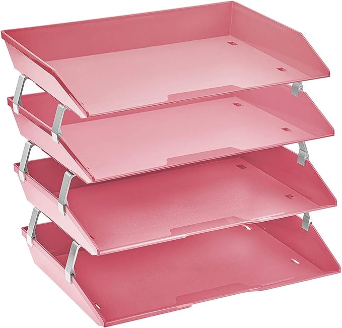 Acrimet 4 Tier Side Load Letter Tray Facility, Desktop File Organizer, A4 Letter Size Paper Organizer, Minimalist Storage Solution Paper Tray for Office, Home, Classroom (Plastic, Solid Pink Color)