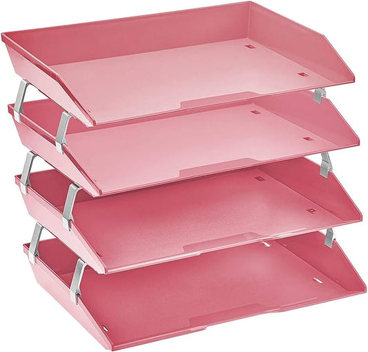Acrimet 4 Tier Side Load Letter Tray Facility, Desktop File Organizer, A4 Letter Size Paper Organizer, Minimalist Storage Solution Paper Tray for Office, Home, Classroom (Plastic, Solid Pink Color)