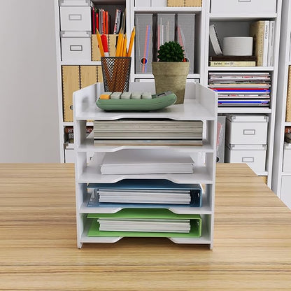 Natwind 5 Tiers Paper Organizer for Desk Desktop White File Holder Office Desk Organizer Mail Letter Tray & Paper Sorter Document Notebooks Storage Rack for Home Office School Classroom