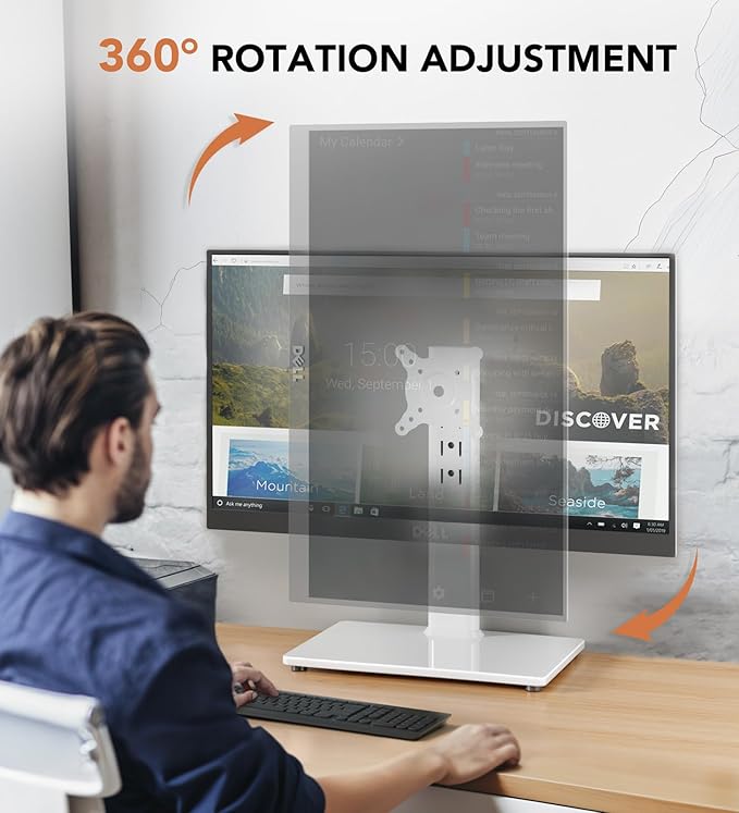 Single LCD Computer Monitor Free-Standing Desk Stand Riser for 13 inch to 32 inch Screen with Swivel, Height Adjustable, Rotation, Holds One (1) Screen up to 77Lbs(HT05W-001) White