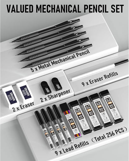 Nicpro Black Art Mechanical Pencil Set, 5PCS Metal Drafting Pencils 0.3, 0.5, 0.7, 0.9 mm & 2mm Graphite Lead Holder For Sketching Drawing With 9 Tubes (4B 2B HB 2H Colors) Lead Refills Erasers Case