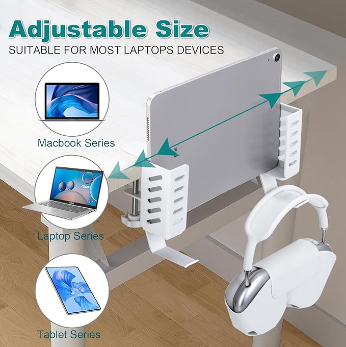 FEIKU No Drill Desk Side Laptop Mount,Hanging Laptop Holder for Office and Home，Clamp on Desk Side Storage Organizer for Laptops/MacBook/Book/Keyboards/Headphone/Gamepad/Backpack White