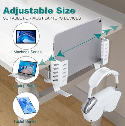 FEIKU No Drill Desk Side Laptop Mount,Hanging Laptop Holder for Office and Home，Clamp on Desk Side Storage Organizer for Laptops/MacBook/Book/Keyboards/Headphone/Gamepad/Backpack White