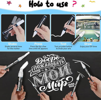 White Window Chalk Markers Pen: 6 Pack White Glass Marker, Liquid Chalk Marker for Chalkboard Signs, Car Window Paint Marker Pen for Bistro, Jars, Erasable, Non-Toxic, 5 Nib Sizes (1, 3, 6, 10, 15mm)