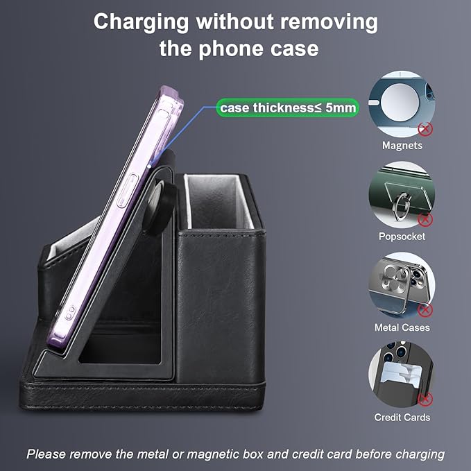 Black Leather Desk Organizer With Charging Station,Office Supplies Desk Accessories,Pen Holder for Desk,Remote Control Holder,Desk Organizer With Phone Charger,Nightstand Desktop Organizer