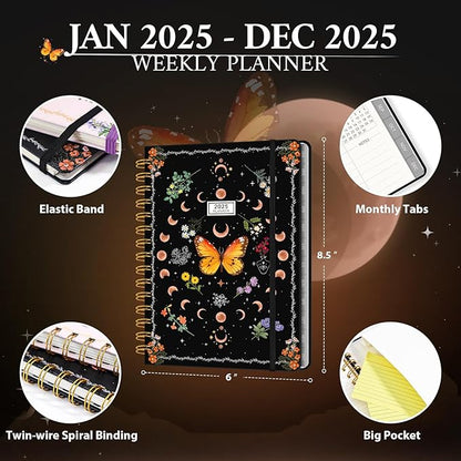 2025 Planner Weekly & Monthly Agenda Book, Daily Planner Hardcover, 2025 To Do List Notebook with Monthly Tabs, Pocket, Spiral Bound, Elastic Closure, Thick Paper(6 * 8.5) Butterfly