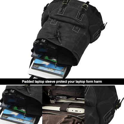Backpack for Men Heavy Duty Waxed Canvas Vintage Women Trim Casual 15.6" laptop Travel Backpack-Black