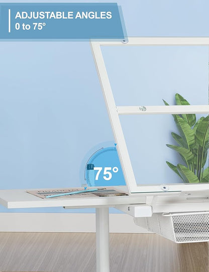 Hand Adjustable Height Drafting Table Artist Drawing Table Multifunctional Art Craft Artists Desk Tilting Glass Tabletop Glass Topped Art Desk Work Station With Stool and Chair for Home Office White