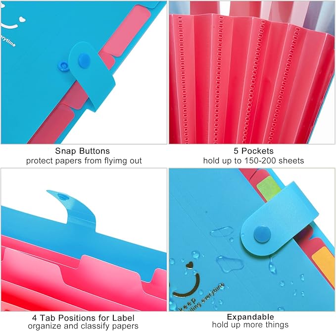 Forvencer Accordion File Organizer, Letter Size, 5 Pocket Expanding File Folder, Cute File Folder with Labels, Portable File Organizer for School Office Supplies, Folders for Documents, Sky Blue