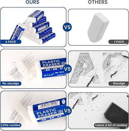 6 Pack Pencil Erasers, Large White Erasers for School, Art Erasers for Kids Drawing Bulk