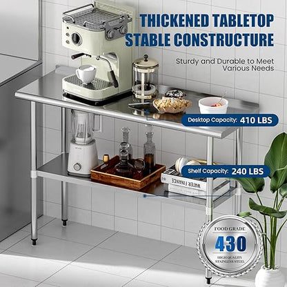 Stainless Steel Table 18 x 48 Inches Metal Prep Table with Backsplash & Adjustable Undershelf for Commercial Kitchen, Outdoor, Restaurant, Hotel & Garage