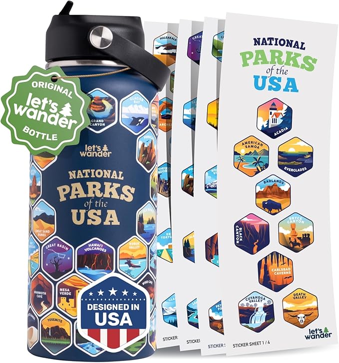 LET'S WANDER National Parks Water Bottle with Waterproof Stickers - 32oz Leakproof Insulated Stainless Steel with Straw - Parks of the USA Hiker Bucket List Gift Bottle [BLUE]