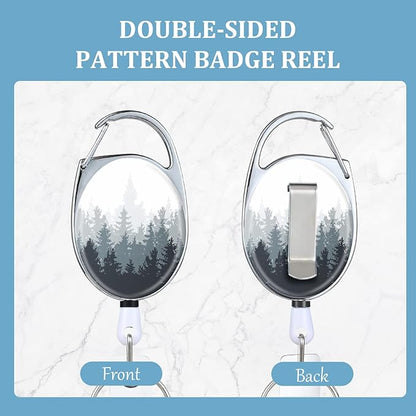 Badge Reels Retractable，Double Sided Color Print Pattern Retractable Badge Holders，with Retractable Keychain, Badge Clip and Key Ring，Durable Nylon Retractable Rope，Forest