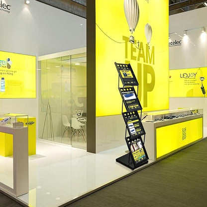 4 Pockets Folding Magazine Rack，Floor Metal Black Literature Rack with Case Brochure Stand Literature Stand Catalog Holder Stand Flyer Display Stand for Trade Show Exhibition Office Retail