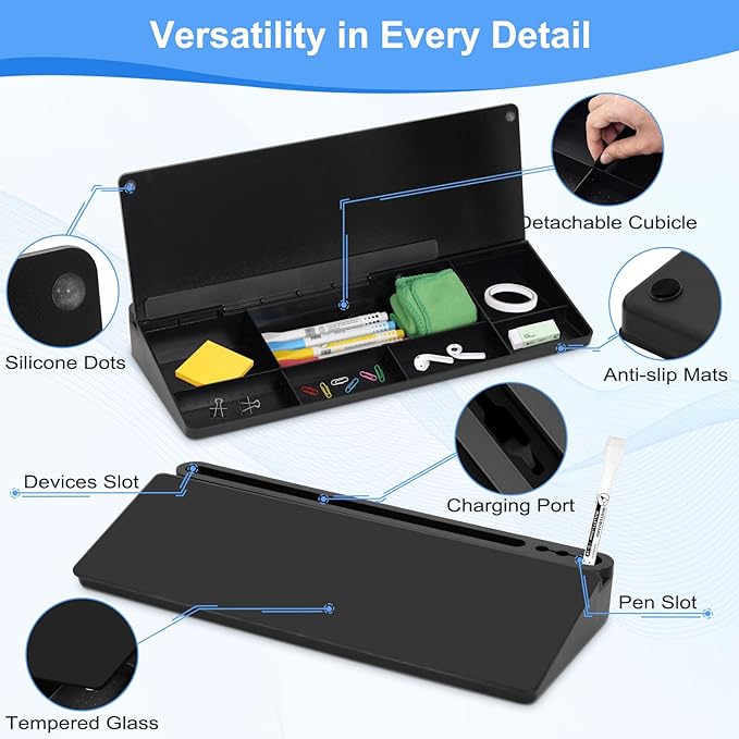 Desktop Glass Whiteboard with Storage, Desk Board with Computer Keyboard Stand, White Dry Erase Board with Drawers for Home, School, Office Desk Organizers and Accessories - Black