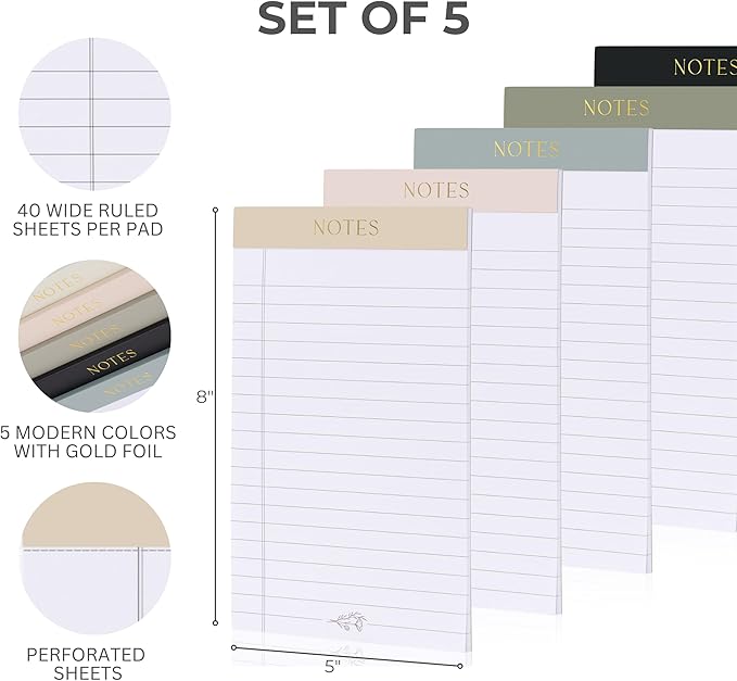 ZICOTO Aesthetic Note Pads Set Of 5 - Quality 5x8 inch Lined Legal Pads For Women Or Men - The Perfect Writing Notepads and Office Desk Supplies to Easily Organize Your To-Do Lists