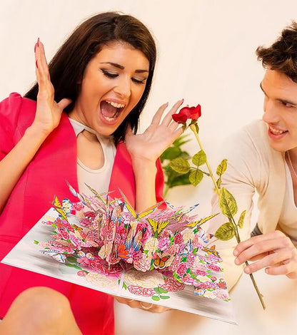 Butterfly Flower Pop Up Card, 3D Butterflies Flowers Garden Anniversary Valentine's Day Popup Cards, Thank You, Happy Birthday Greeting Card for Mom, for Wife, for Daughter, for Sister