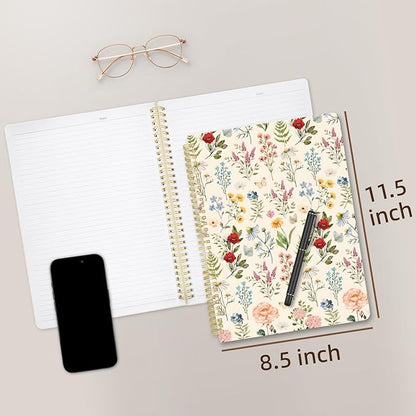 Cute Spiral Notebook journal A4 Aesthetic Pretty Design for Women Girls Kawaii with Pocket, 11.5 x 8.5 inch, Lined, Vintage Flower