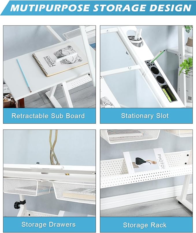 LifeSky Drafting Table Adjustable for Artists - Art Drawing Desk with Storage for Painting Sketching - Glass Top for Painters Illustrators Cartoonists White