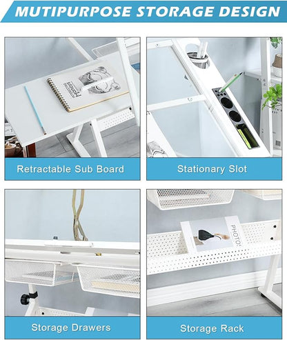 LifeSky Drafting Table Adjustable for Artists - Art Drawing Desk with Storage for Painting Sketching - Glass Top for Painters Illustrators Cartoonists White