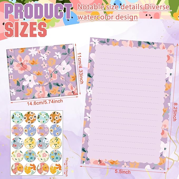 TaoBary 160 Packs Stationery Paper Set (50 Double Sided Stationery Writing Papers 50 Matching Envelopes) 60 Round Dot Sticker, 10 Design(Kawaii,5.5 x 8.25 Inch)