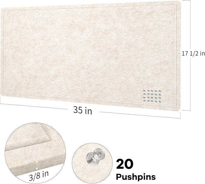 Bulletin Board, 35 x 17 1/2 inches Felt Board - Decorative Pin Board, Cork Board Alternative for Wall, Foldable Picture Board Self-Adhesive Vision Board Prayer Board with 20 Pushpins - Oatmeal