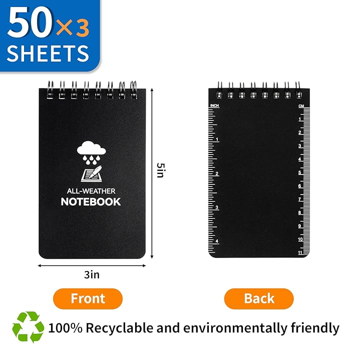 3 Pack Waterproof Notebook, 3 x 5 Pocket Notepad, All Weather Small Pocket Notebook Stone Paper, Mini Spiral Notepad Police Notepad 100 Lined Pages for Outdoor Office