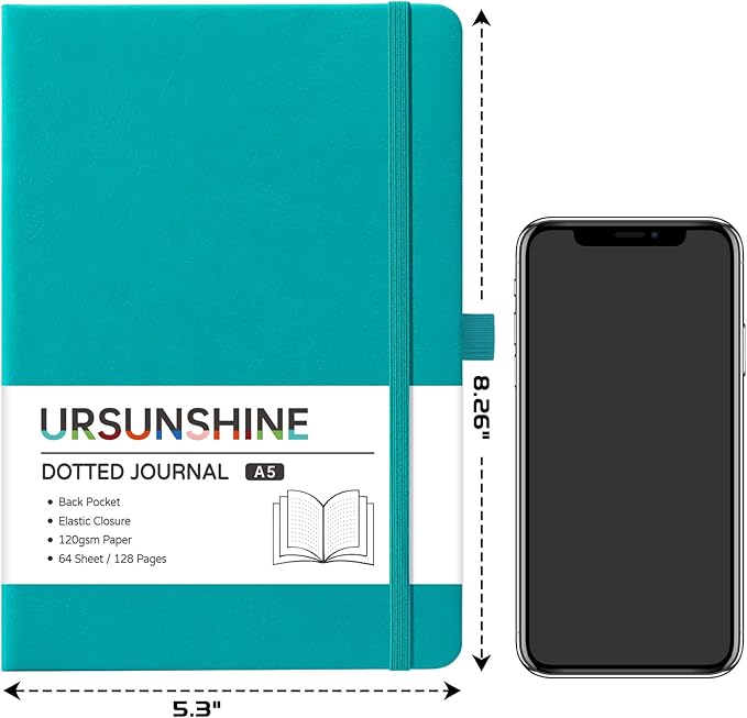 Dotted Journal/Notebook - Dot Grid Hard Cover Notebook, Premium Thick Paper with Fine Inner Pocket, Black Smooth Faux Leather, Pen Loop, 5.3'' x 8.26'' - Cyan