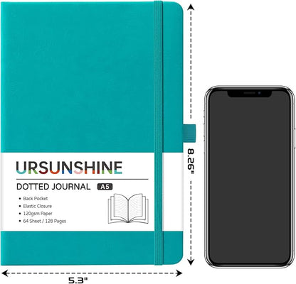 Dotted Journal/Notebook - Dot Grid Hard Cover Notebook, Premium Thick Paper with Fine Inner Pocket, Black Smooth Faux Leather, Pen Loop, 5.3'' x 8.26'' - Cyan