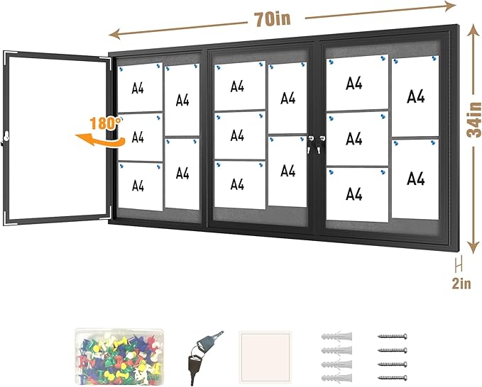 70"x34" Enclosed Bulletin Board, Outdoor Lockable Weather-Resistant Aluminum Cork Noticeboard for School & Office, Black Frame w/Grey Flet