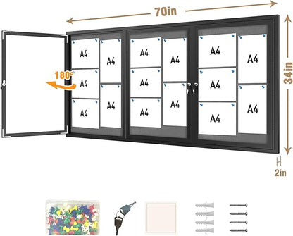 70"x34" Enclosed Bulletin Board, Outdoor Lockable Weather-Resistant Aluminum Cork Noticeboard for School & Office, Black Frame w/Grey Flet