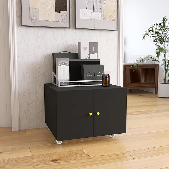 Small Space Printer Stand with Doors, Metal Fax Machine Stand with Storage, Low Printer Table, Black Modern Under Desk for Home Office, Small Carts for Scanner, Fax, Computer, Black