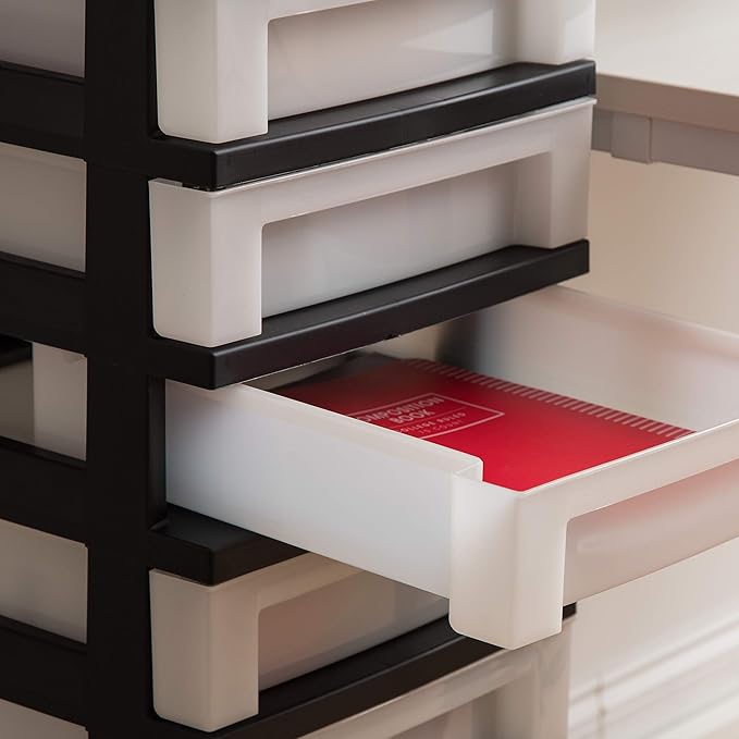 IRIS USA Plastic Drawer Storage Organizer Rolling Cart, with Wheels Casters, 10-Drawers, for Classroom Art Craft Supplies Dresser Closet Bathroom Bedroom, Top Organizer for Small Parts, Black/Pearl