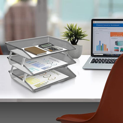 Acrimet 3 Tier Side Load Letter Tray Facility, Desktop File Organizer, A4 Letter Size Paper Organizer, Minimalist Storage Solution Paper Tray for Office, Home, Classroom (Plastic, Clear Smoke Color)