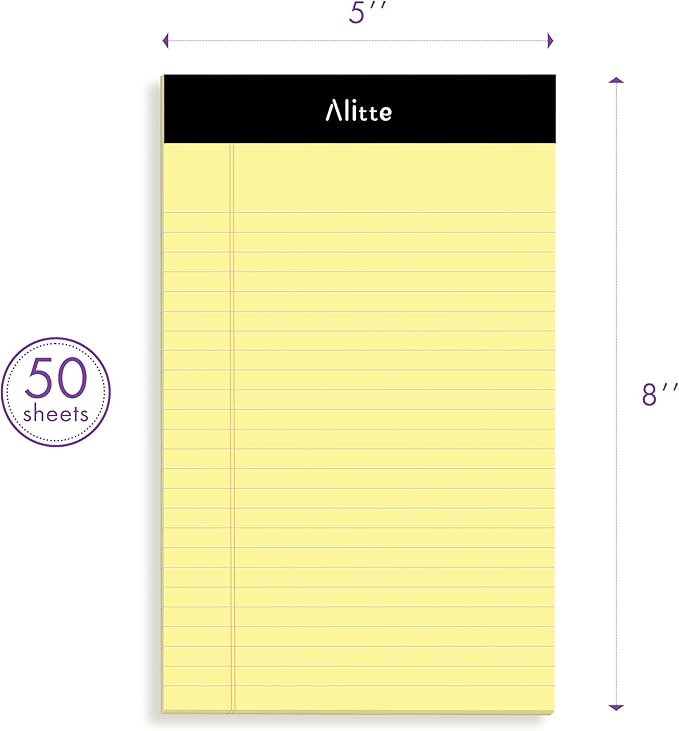 Yellow Legal Notepads 5x8, Pack of 6 - Perforated Narrow Ruled Writing Pad - Premium Thick Paper, No Ink Bleeding - Blank Legal Pads For Home, Office, School, Business - 50 Sheets Per Notebook
