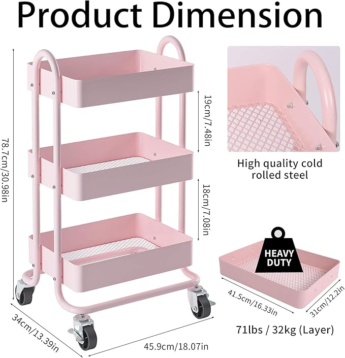 3-Tier Pink Utility Rolling Cart,Kitchen Storage Carts with Wheels,Pink Metal Rolling Cart for Office,Home,Kitchen,Garden（13.4"x18.1"x31"） Pink